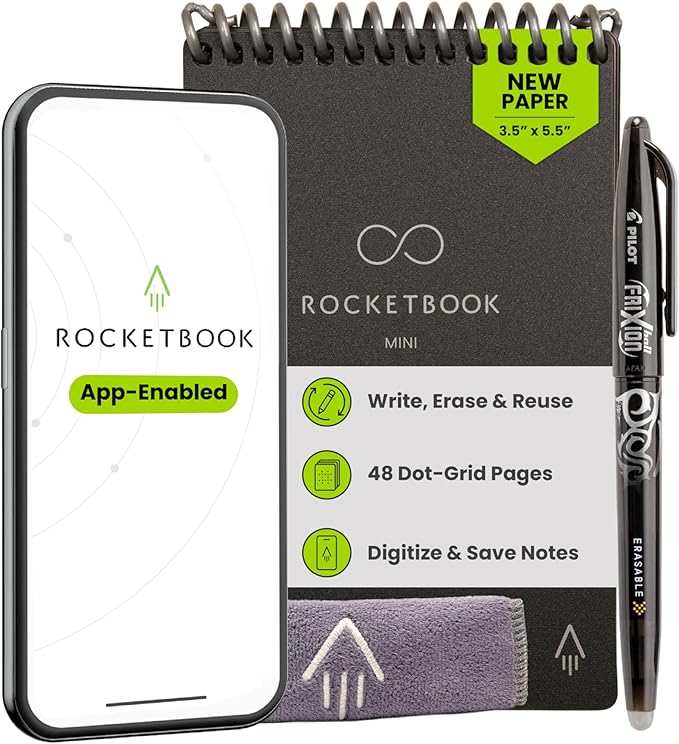 Rocketbook Mini Reusable Smart Notepad, Pocket Size On-The-Go Notebook, 3.5x5.5, Black (Pack of 1)