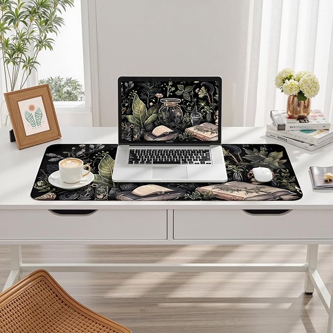 Dark Academia Desk Mat Mouse Pad XXL Extended Large Gaming Desk Pad Mousepad, Mystical Green Plant Computer Laptop Keyboard and Mouse Mat, Desktop Decor for Women Girl Office 31.5x15.7 in