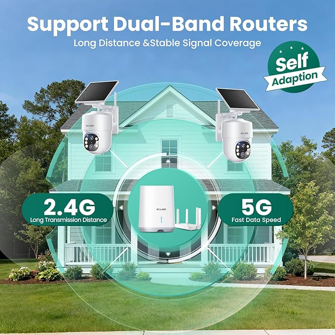SOLIOM- 5MP Security Cameras Wireless Outdoor, No Subscription & Solar Powered,2-Cam Pack Home Security Camera with 360° Auto Human Motion Tracking, 3K Color Night Vision,5G & 2.4G Router Compatible