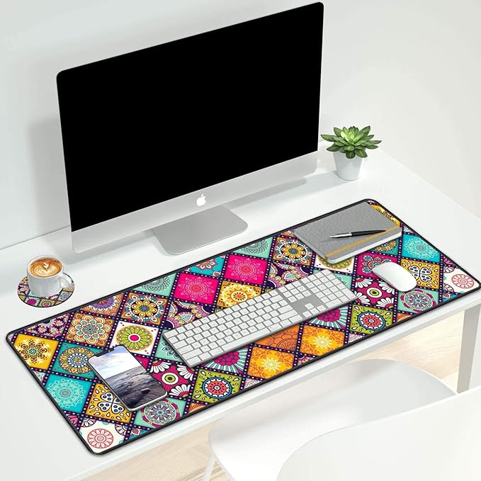 Desk Pad Mat Gaming Mouse Pads with Coasters Set, Stitched Edges Design Mouse Pad XXL Large Mouse Pad for Laptop Computers Flower Mandala Desk Writing Mat for Office & Home 31.5"x 11.8"