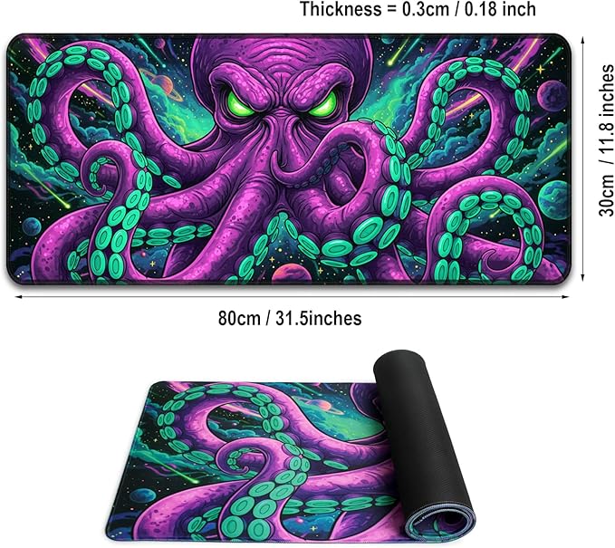 Blacklight Octopus Mouse Pad – UV Reactive Neon Tentacle Galaxy Desk Mat, Glow in The Dark Extended Gaming Mousepad with Colorful Cosmic Kraken Art for Gamers, Room Decor - 31.5" x 11.8"