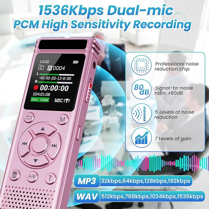 136GB Digital Voice Recorder with Playback,9000 Hours Audio Recording Device,Voice Activated Recorder with Noise Reduction,A-B Repeat,Mp3 Player & Password for Lectures Meeting/Classes/Interviews,Pink