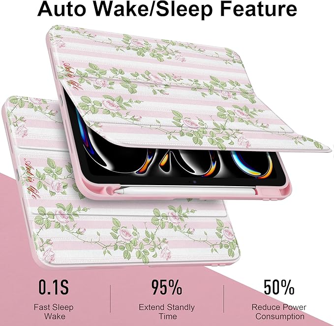 TWOLSKOO Case for iPad Pro 11-inch (M5 2025 / M4 2024), Clear Acrylic Back with TPU Bumper, Pencil Holder, Trifold Stand, Auto Sleep/Wake, Rose Vine