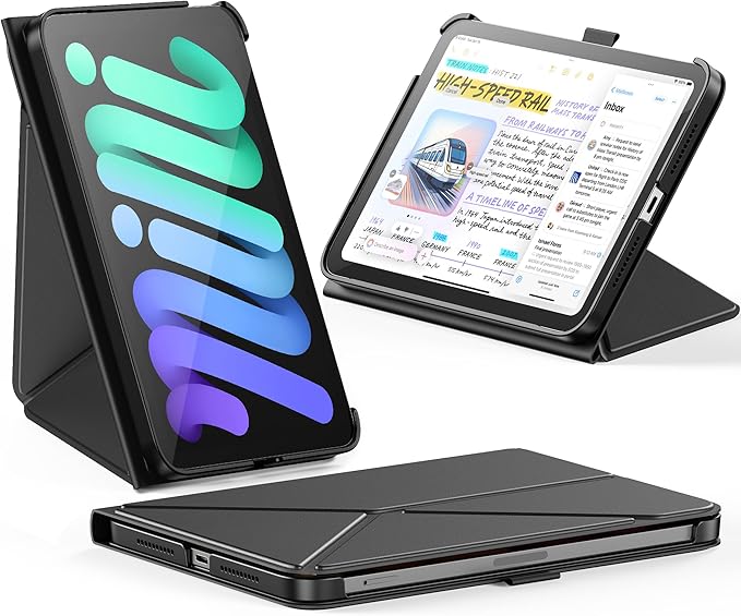INFILAND Case for iPad mini 7 (A17 Pro) 2024 / iPad mini 6 2021, Magnetic Origami Slim Protective Case, Book-Style Foldable Cover with Pencil Holder, Multi-Angle Stand, Auto Wake/Sleep, Black
