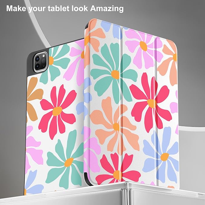 May Chen for iPad Pro M2 12.9 Case 6th/5th/4th/3rd Generation 2022 2021 2020 2018 Trifold Stand + Pencil Holder + Auto Wake/Sleep + Soft TPU Protective Stand Back Cover, Groovy Flower