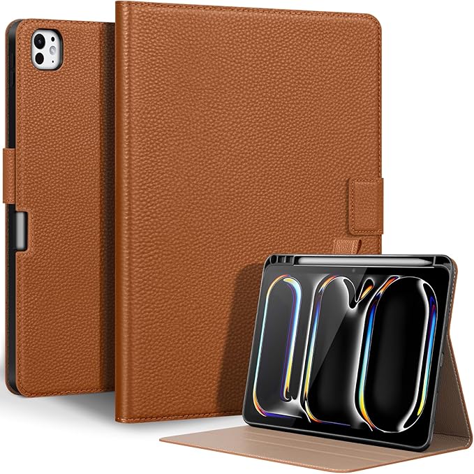 Genuine Leather Case for iPad Pro 11 inch Case (M5) 2025 / (M4) 2024 | with Pencil Holder and Adjustable Stand, Magnetic Closure, Auto Wake/Sleep Cover | Brown