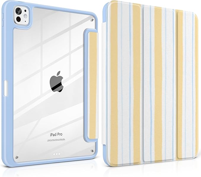 Case for iPad Pro 13 Inch (M5 2025 M4 2024) – [Built-in Pencil Holder], Shockproof & Stylish, Clear Hard Back + Soft TPU Edge, Magnetic Trifold Stand, Auto Wake/Sleep, Watercolor Stripes