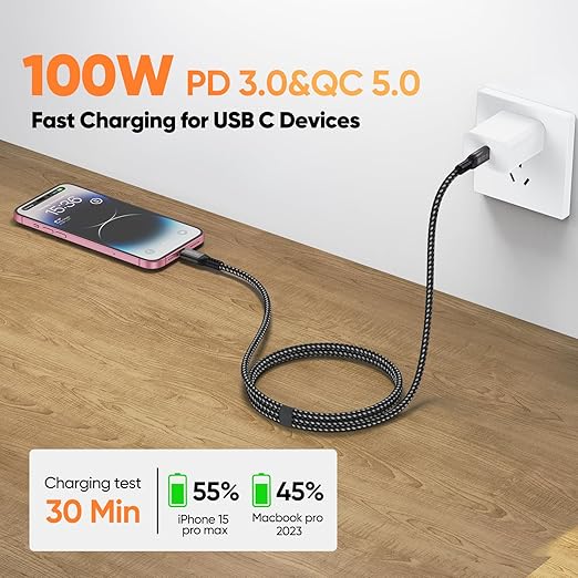 USB C Monitor Cable 6Ft, 4K@60Hz Video Display/20Gbps Data Transfer/100W Fast Charging USB Type C Power Cord USBC 3.2 Gen 2 Full Function for Monitor Laptop Docking Station External SSD