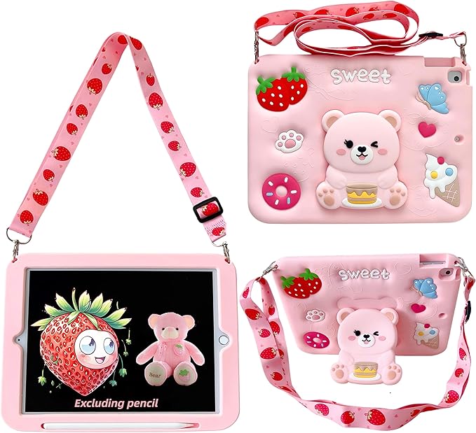 for iPad 9th/8th/7th Generation Case Kids - 10.2 inch Soft Silicone iPad Air 3rd Gen 10.5"(2019) Cover with Pencil Holder,Shoulder Strap & Stand for School,Cute Bear Gift for Teen Girls