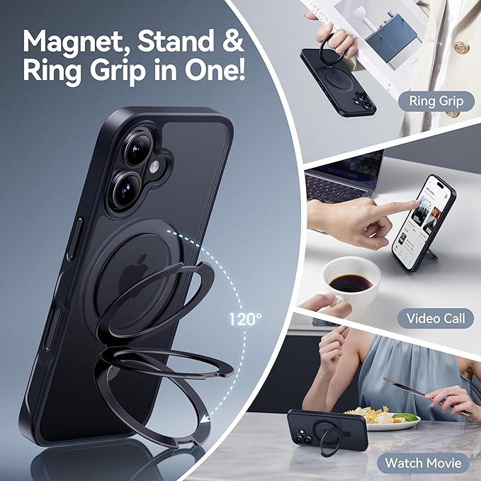 CASEKOO Ultra-Magnetic Stand for iPhone 16 Case [Military Drop Protection] [Compatible with MagSafe] Shockproof Translucent Matte Slim Ring Holder Case for iPhone 16, 6.1", Black