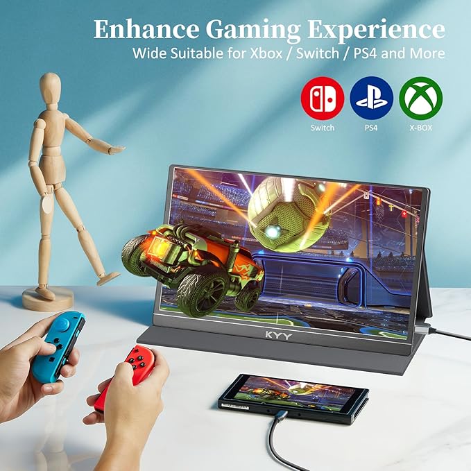 KYY Portable Monitor 15.6'' 1080P FHD USB-C Laptop Monitors w/Smart Cover & Dual Speaker, HDMI Computer Display IPS HDR External Gaming Monitor for PC Phone Mac Xbox PS4 Switch[Upgraded]