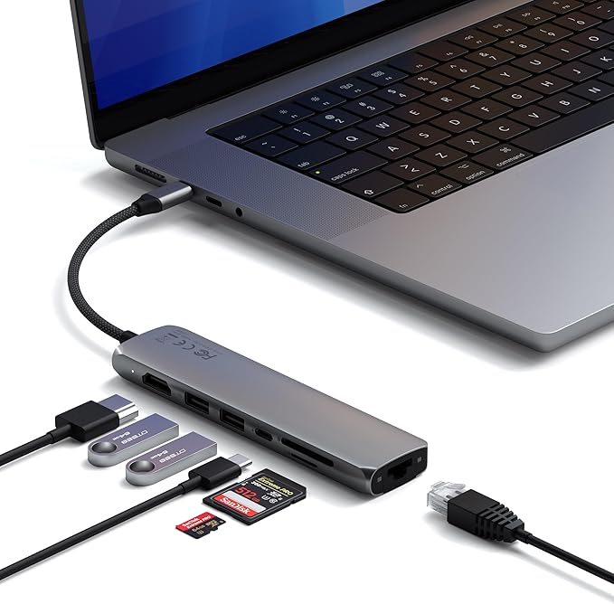 Satechi 7 in 1 USB C Hub Multiport Adapter with Ethernet, HDMI 4K@60Hz, 100W PD Charging, 2X USB-A Data Ports, Micro/SD Card Readers for MacBook Air/Pro/Neo, iPad Air/Pro, Windows - Space Gray