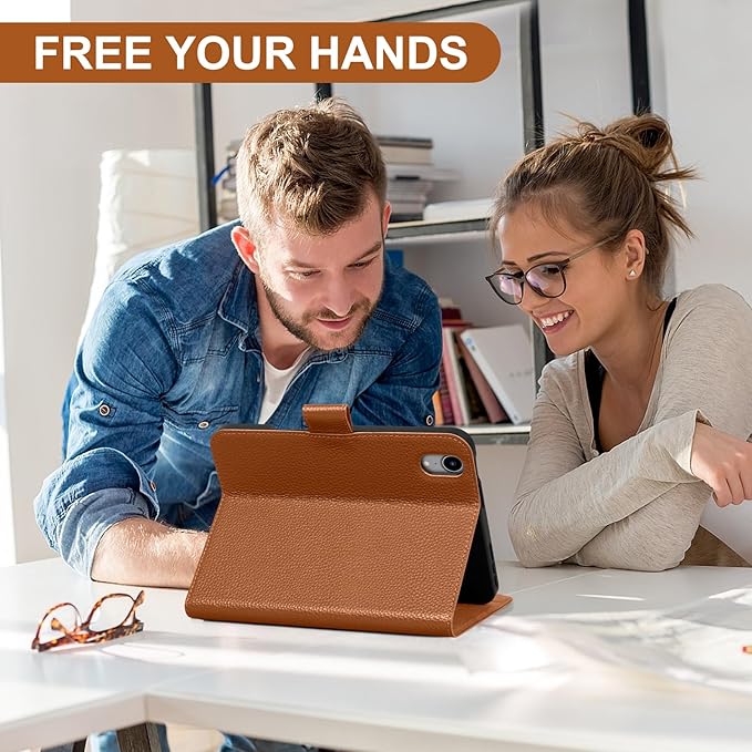 Genuine Leather Case for iPad mini 7th/6th Gen 8.3 Inch 2024/2021 | with Pencil Holder and Adjustable Stand, Magnetic Closure, Auto Wake/Sleep Cover | Brown