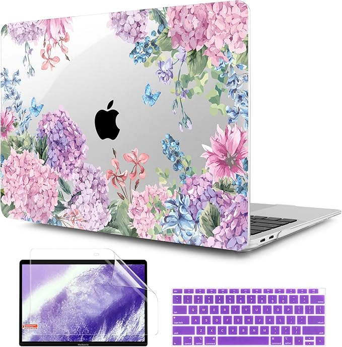 TWOLSKOO Hard Shell Case Keyboard Cover Skin Screen Protector for 2021-2018 Release MacBook Air 13 inch Model A2179 A1932 A2337 M1, Colorful Hydrangea