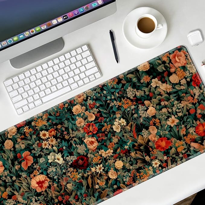 Retro Floral Gaming Mouse Pad Large Desk Mat Extended Keyboard Mouse Pad Anime Mousepad with Non-Slip Base and Stitched Edge Mouse Mat Desk Pad 31.5 x 11.8 Mouse Pads for Desk Home Office Gaming