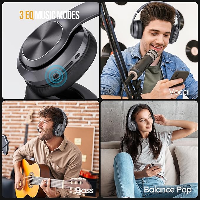 TuneFlux Wireless Bluetooth Headphones Over Ear, 80H Playtime, 3EQ Sound Modes, HiFi Stereo Headphones with Deep Bass, Foldable Bluetooth 5.3 Headsets for Smartphone/PC/Computer-Metallic