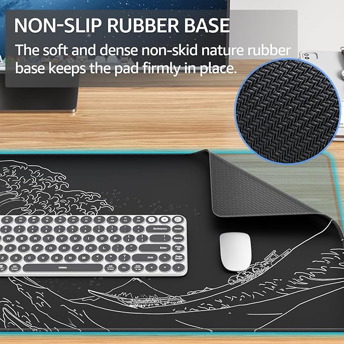 KTRIO Large Gaming Mouse Pad Desk Mat, Superior Micro-Weave Cloth, Non-Slip Rubber Base, Stitched Edges, Water-Resistant, for Gamer, Office & Home, 31.5 x 15.7 Inch，Kanagawa Wave