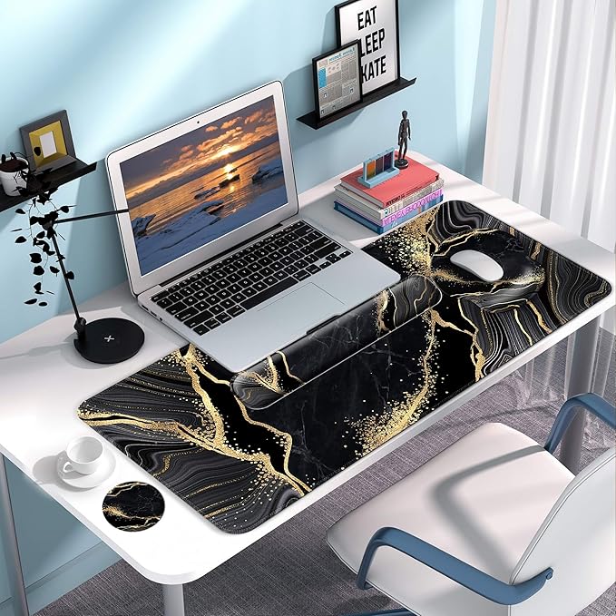 Desk Mat Set + Keyboard and Mouse Pad with Wrist Rest Support,4-in-1 Large Mousepad Computer Mats for Desktop Home & Office-Marble 3