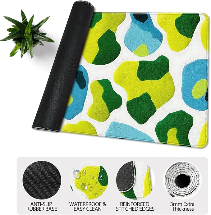 35.4 x 15.7 in, XXL Large Mouse Pad for Desk, Extended Keyboard Mouse Mat for Computer Office, Big Mouse pad with Stitched Edges, Gaming Pc-Abstract Leopard Print Green and Blue