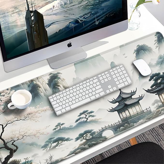 Large Gaming Mouse Pad, 31.5x15.7 inch Large Extended Computer Keyboard Mouse Mat, Water Resist Non-Slip Mousepad Rubber Base Long XXL Mouse Pad for Work & Gaming, Office & Home, Sakura Ancient City