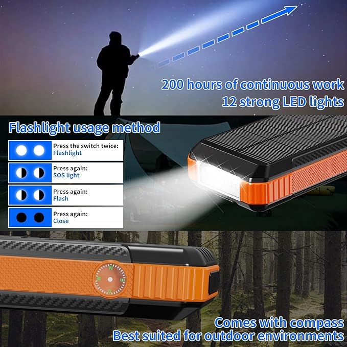 Solar Charger Power Bank 49800mAh, Portable Phone wireless Charging Built-in 4 Cables 22.5W Fast Charging,Type-C input/Output Port Solar Panel Charger with Flashlights&Compass for Camping（Orange)