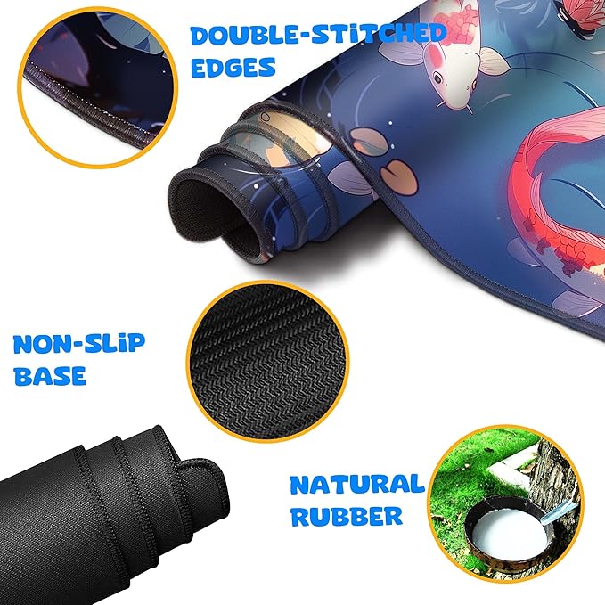 4-Piece Extended Large Mouse Pad Set for Women Men with Colorful Koi Design Includes 35.4 x 15.7 XXL Large Mouse Pad Keyboard Wrist Rest Mouse Wrist Support and Coaster for Office Home