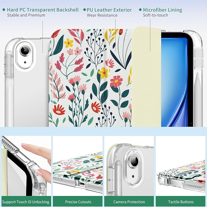 MoKo for iPad Air 11 inch Case (M4/M3/M2) 2026/2025/2024, iPad Air 5th/4th Gen 10.9 inch Case 2022/2020 with Pencil Holder, Slim Light Trifold Cover with Hard PC Translucent Back Shell, Flowers