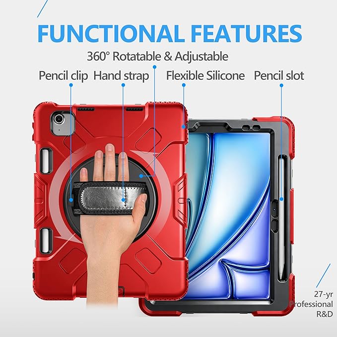 Case for iPad Air 11 M4 2026/ M3 2025/ M2 2024: Silicone Cover for iPad Air 5th & 4th Generation 10.9 Inch (2020/2022) with Screen Protector- Stand- Handle- Shoulder Strap- Pencil Holder