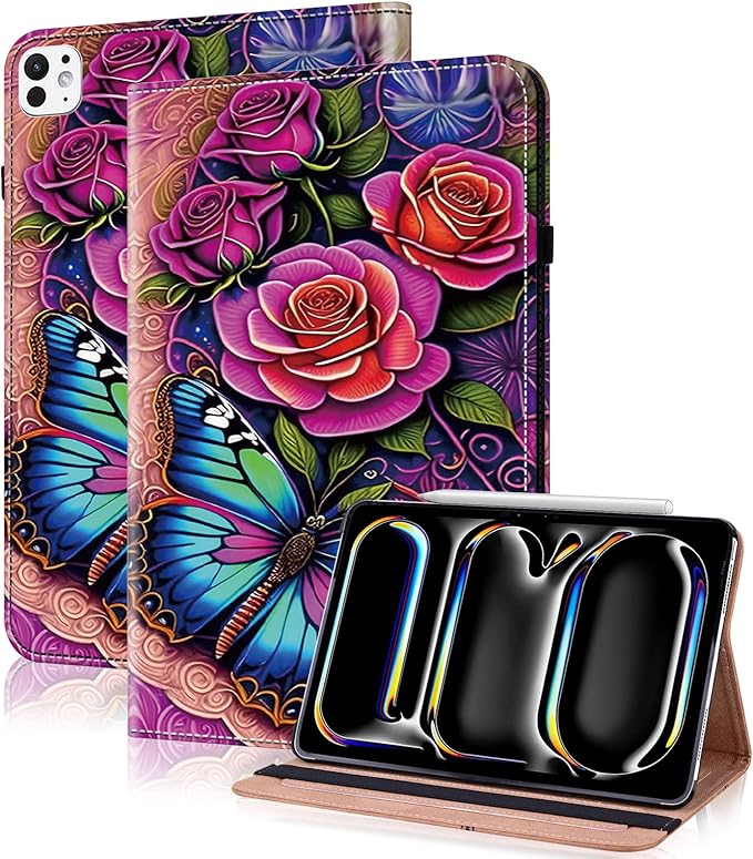 Case for iPad Pro 11 inch Case (M5/M4) 2025/2024, Premium Leather Folio Stand Cover with Auto Wake/Sleep, Pencil Holder and Card Slots - Colorful Butterfly