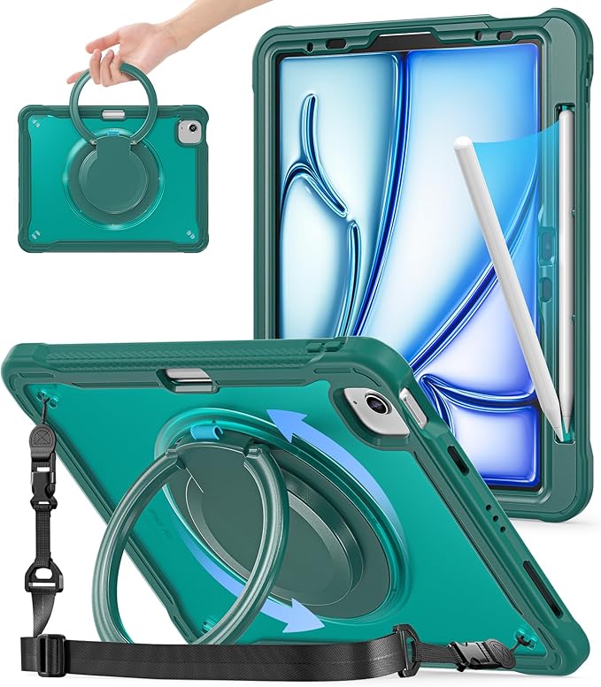 BATYUE Case for iPad Air 11-inch M4(2026)/M3(2025)/M2(2024), iPad Air 4/5 10.9" & Pro 11" 2018-2022 - Shockproof Case with 360° Rotating Stand & Handle, Pencil Holder, Shoulder Strap,MidnightGreen