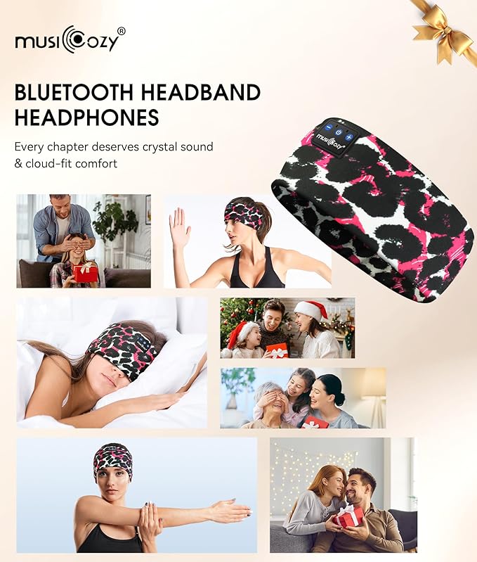 MUSICOZY Sleep Headphones Bluetooth 5.4 Headband, Wireless Earphones Music Sleep Earbuds Sleeping Eye Mask with HD Stereo Speakers for Workout Running Travel Yoga, Ideal Gifts (Black Red Lip)