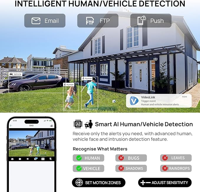 5MP PoE Camera,Smart Human/Vehicle Detection IP Camera,Built-in Mic,2.8mm Lens 105°Wide Angle Vision POE Security Camera,98ft IR Night Vision, 24/7 Recording,IP67 Waterproof, NDAA Compliant (Black)