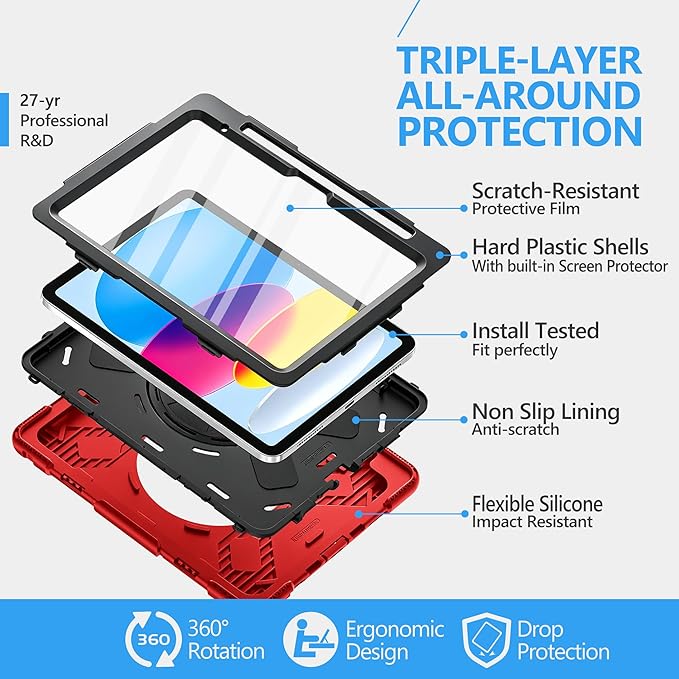 Case for iPad (A16) 11th/10th Generation Case: Protective Cover for iPad 11th Gen 11 Inch 2025 &10th Gen 10.9" 2022 with Screen Protector- Stand- Shoulder Strap- Handle- Pencil Holder-Black+Red