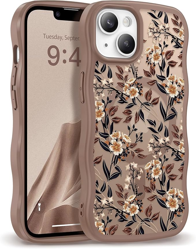 GVIEWIN Cute for iPhone 14 Case & iPhone 13 Case [Compatible with MagSafe] [Curly Wave Edge] Floral Translucent Magnetic Shockproof Protective Phone Cover for iPhone 14/13 6.1'', Bunchflower/Brown