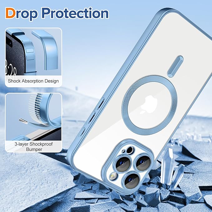 Hython Magnetic Clear for iPhone 15 Pro Max Case with Camera Lens Protector [Compatible with MagSafe] Plating Edge Slim Soft TPU Cover Protective Phone Case for iPhone 15 Pro Max, Matte Light Blue