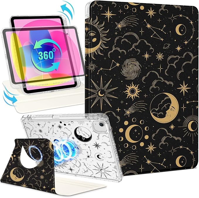Shorogyt for iPad Air 11 Inch Case Air M4 2026, 8th Gen/M3 2025/M2/Air 5th Generation 2022/Air 4th Gen 2020/Pro 11 Inch Case Magnetic Stand for Women - Cute 360 Degree Rotating Covers Girls Sun Moon