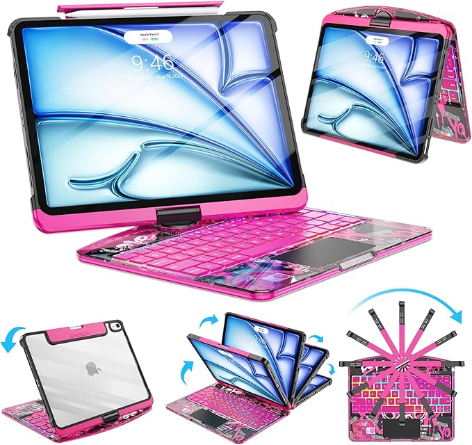 SIBEITU Clear Wireless Keyboard Case for iPad Air 11-inch (M4 2026/M3 2025/M2 2024) & iPad Pro 11-inch 4th 3rd 2nd 1st Gen, 7Color Backlit with Multi-Touch Trackpad for 10.9" iPad Air 5/4th Gen, Pink