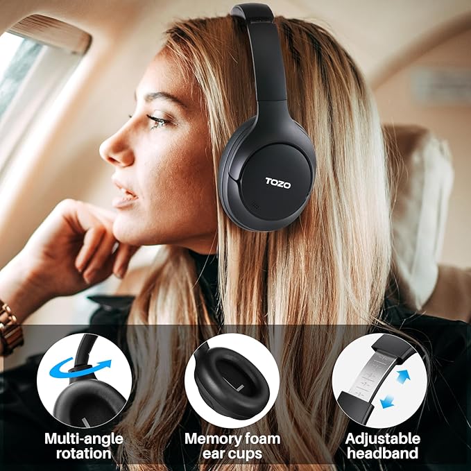 TOZO Hybrid Active Noise Cancelling Headphones, Wireless Over Ear Bluetooth Headset, 60H Playtime, Hi-Res Audio Custom EQ via App Deep Bass Comfort Fit Ear Cups, for Home Office Travel