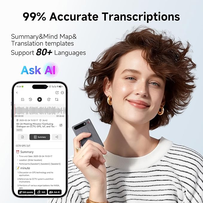 AI Voice Recorder with Transcribe＆Summarize, App Control Audio Recorder Support Al Noise Cancellation Technology with 80+ Languages, Note Taker with 64GB Memory, Audio Device for Meeting, Call, Grey