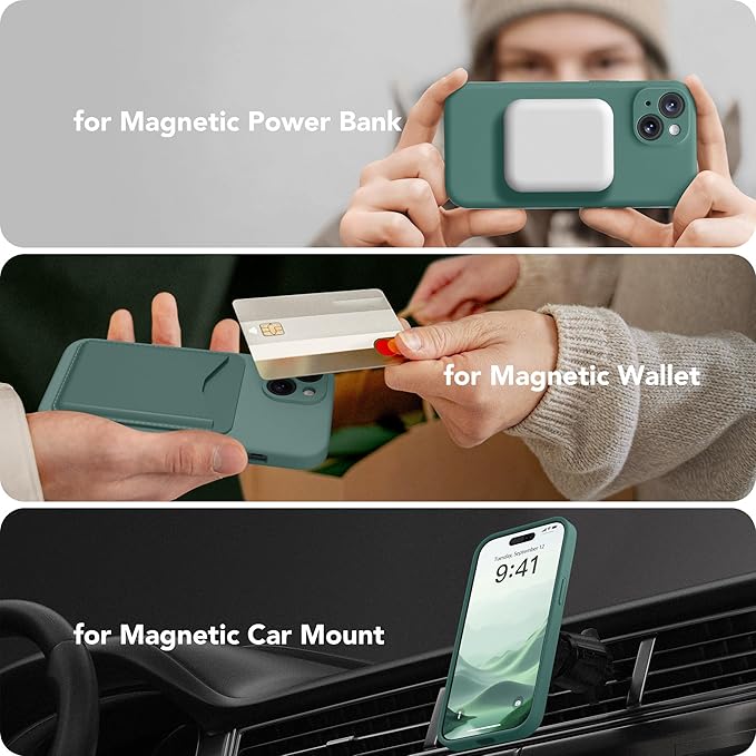Magnetic for iPhone 14 Case, Compatible with MagSafe, [Full Camera Protection][Screen Protector] Silicone Shockproof Protective Phone Case for iPhone 14 6.1 inch, Midnight Green