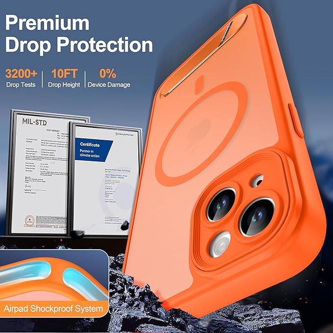 Magnetic Compatible with iPhone 15 Plus Case, [Built-in Kickstand][Full Camera Protection][Compatible with MagSafe][Anti-Fingerprint] Shockproof Phone Case for iPhone 15 Plus 6.7",Orange