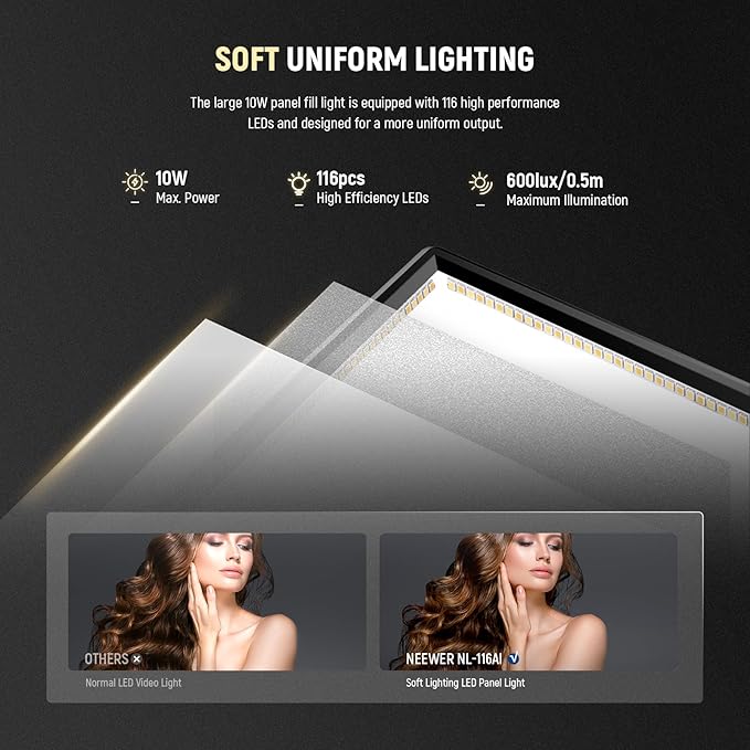 Neewer 9" LED Video Light Panel, Dimmable DSLR Camera Soft Lighting, 4000mAh Rechargeable Battery, USB Type C Ports, 3200K~5600K CRI95+ 600Lux for Photography Video Recording Live Streaming, NL-116AI
