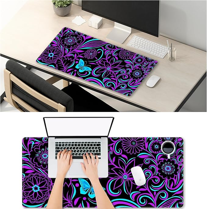 ARTSO Purple Large Gaming Mouse Pad with Stitched Edges, 35.4" x 15.7" Large Extended Computer Pad, Floral Mousepad Protector with Rubber Base for Laptop Office Accessories