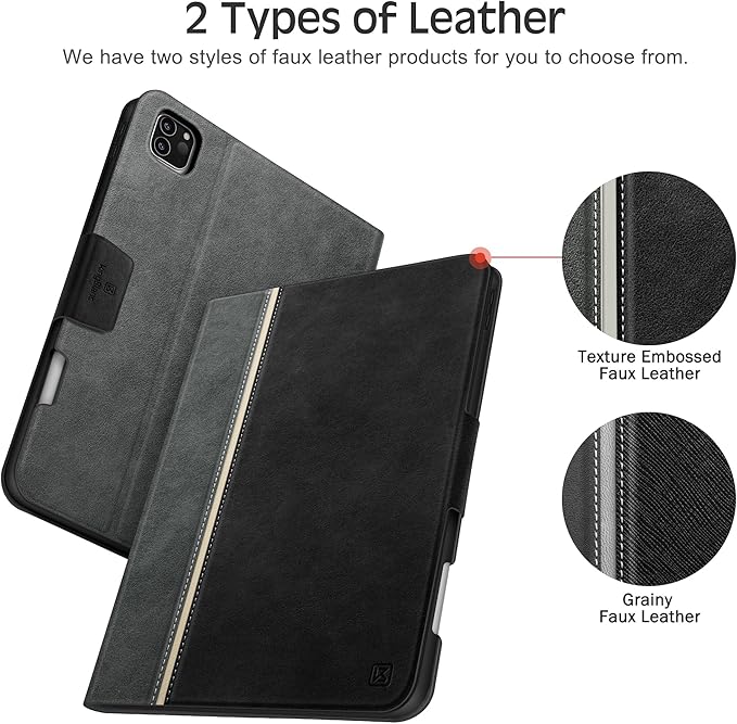 KingBlanc Case for iPad Pro 11 inch (M5 2025/M4 2024) with Pencil Holder, Vegan Leather Smart Stand Cover, Auto Sleep Wake, Support Pencil Pro/(USB-C), Viewing/Typing Angle, Durable Protection, Black