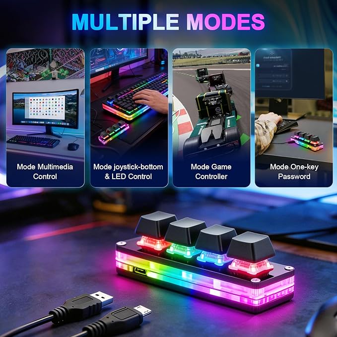 aikeec Black Mini 4-Key Keypad Mechanical Gaming Keyboard, Self Programming,OSU Hot Swap Game Keyboards with 1.5m USB-C Data Cable（Upgrade Cherry Shaft &RGB LED）