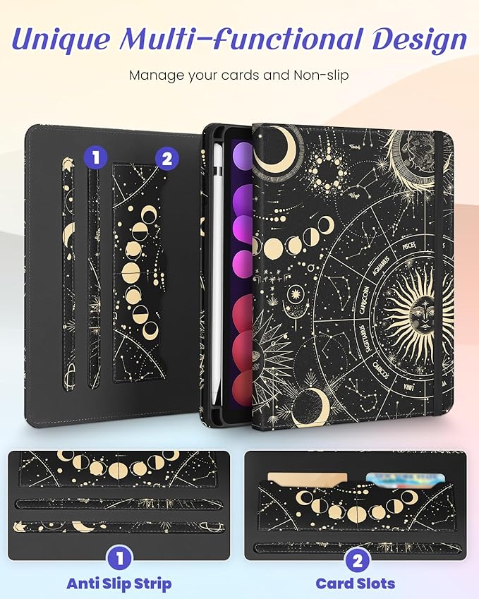 Kidcube for iPad mini 7 Case A17 Pro 2024, for iPad mini 6th Generation Case 8.3 Inch - Women Girls Cute Rotating Stand Folio Cover with Pencil Holder & Card Slot Girly Sun Moon Stars Teens Cover
