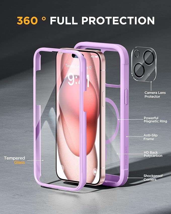 Miracase Magnetic for iPhone 15 Plus Case 6.7'' [Compatible with Magsafe] Full-Body Military Drop Proof 15 Plus Phone Case Cover with Built-in 9H Tempered Glass Screen Protector,Light Purple