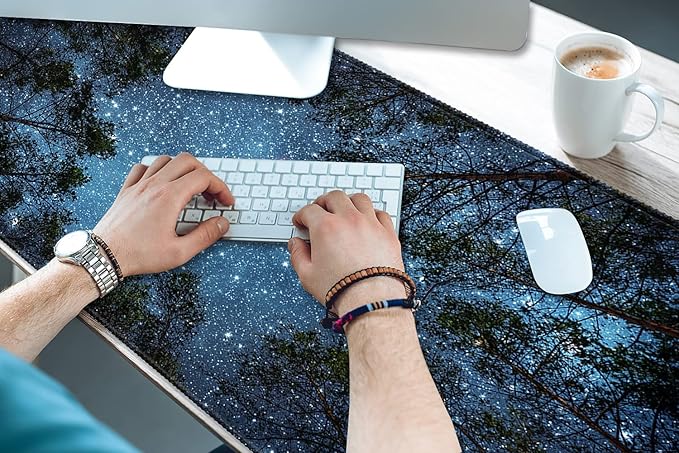 XXL Waterproof Office Desk Pad Protector 35.4x15.7 Inch - Extended Gaming Mouse Pad with Non-Slip Rubber Base, Thickened Keyboard Mat, Stitched Edges & Forest Starry Design