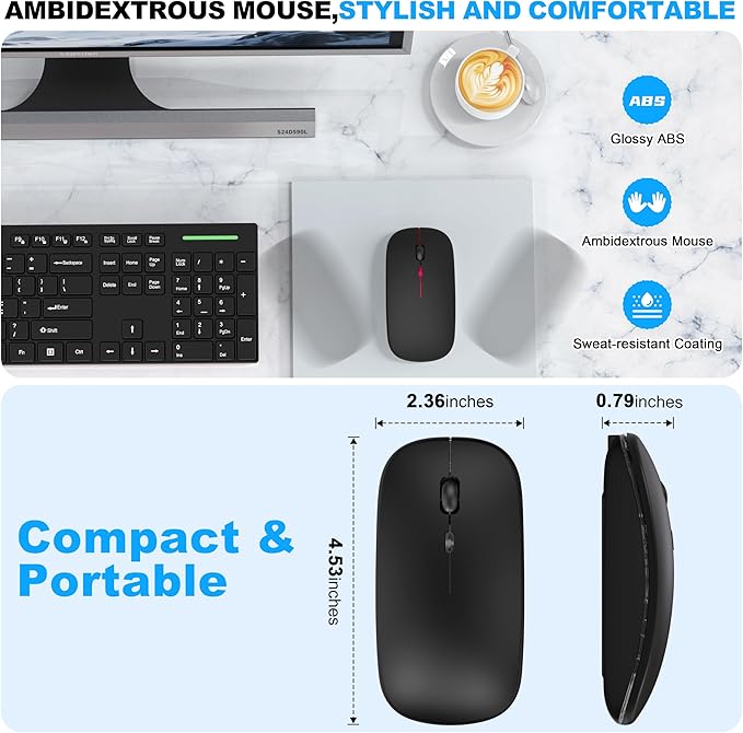 Bluetooth Wireless Mouse for MacBook Air Mac Pro iPad ,LED Rechargeable Silent Mouse with 2.4GHz USB-A/USB-C Receiver & Mouse Jiggler, Compatible with Laptop MacBook IPad Mac Tablet PC- Matte Black