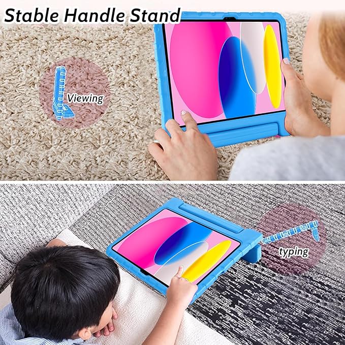 Dteck Kids Case for iPad 10th Gen 10.9" with Pencil Holder, Shockproof Rugged EVA Handle Stand Child Proof Case, Blue